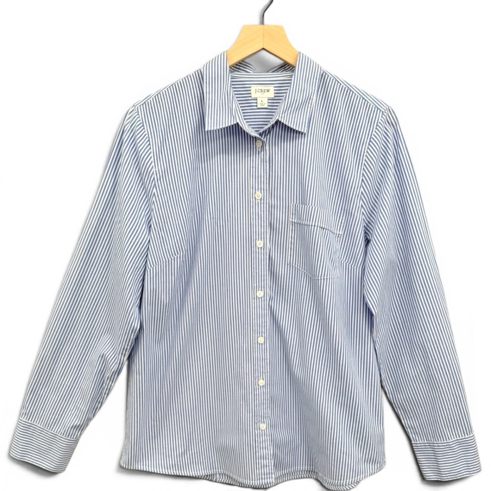 J.Crew Button Down Shirt Womens L Blue White Striped Cotton Stretch Long Sleeve
